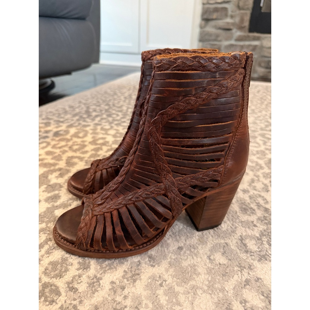 Freebird by Steven Bela Brown Leather Woven Huarache Peep Toe Booties Size 8 - Picture 4 of 10